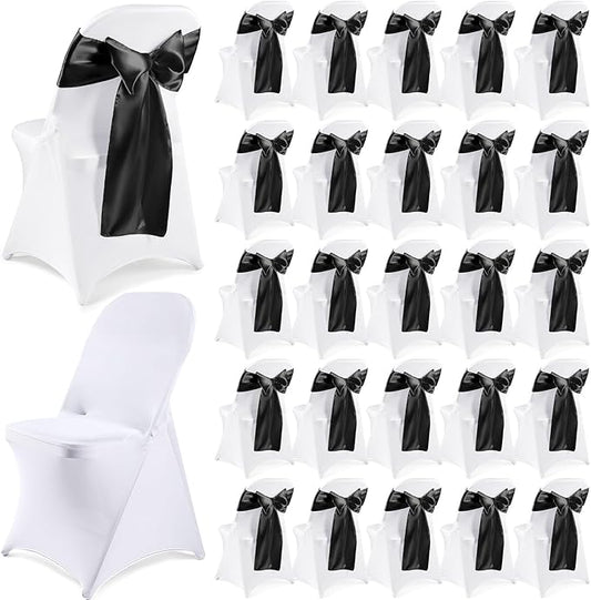 Lounsweer 50 Pcs Folding Chair Cover Set with 25 Stretch Spandex Slipcovers 25 Satin Chair Sashes Bows Ribbon Washable Banquet Protector for Wedding Event Party(White, Black)