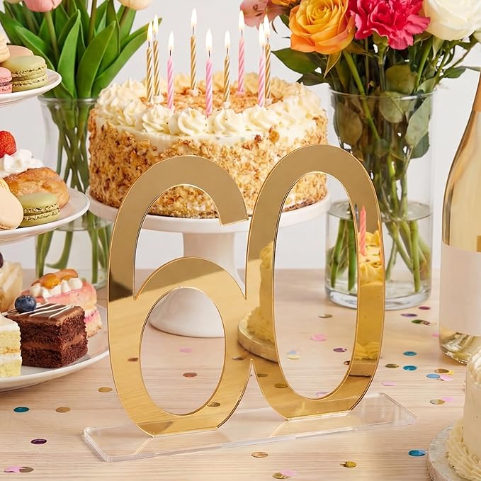 Threehoney 6 Pcs Mirror Gold 60th Birthday Decorations for Men and Women Acrylic Anniversary Decorations Table Numbers Centerpieces for Birthday Party
