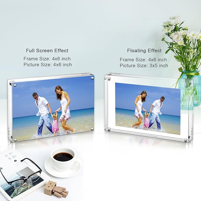 AMEITECH Acrylic Picture Frames 3 Pack, 4x6'' Clear Double Sided Block Set, Desktop Frameless Magnetic Photo Frame