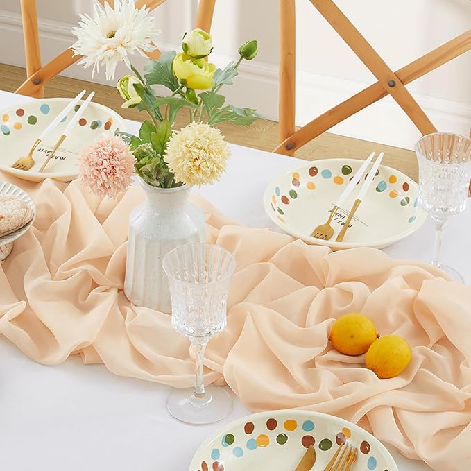 Horbaunal 2 Pack Nude Chiffon Table Runners 10FT Sheer Chiffon Runner 29x120 Inches Romantic Boho Rustic Table Runner for Wedding Party Bridal Baby Shower Table Decorations