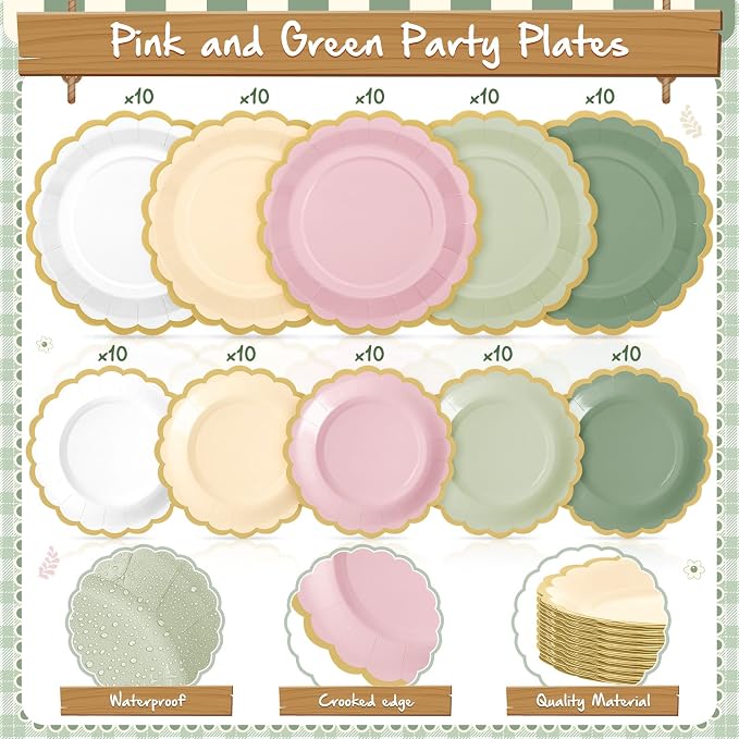 Zhehao 150 Pcs Pink and Green Plates and Napkins Tableware Serves 50 Includes 9 Inch 7 Inch Pink and Sage Scalloped Paper Plate and Napkins for Wedding Birthday Baby Shower Party