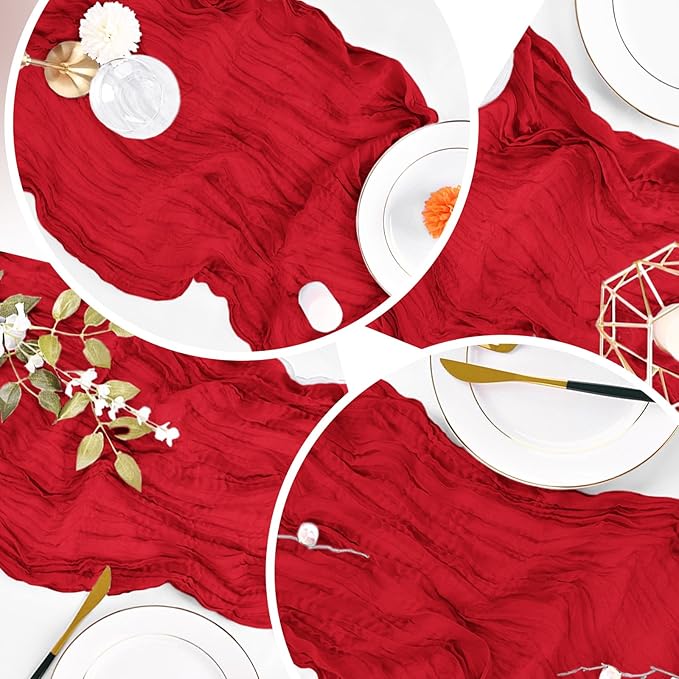 6 Pack Red Cheesecloth Table Runner 20 x 120 inch Gauze Table Runners 10 FT Long,Semi Sheer Boho Cheese Cloth Fabric Table Runner Bulk for Party,Wedding,Baby Shower,Bridal Shower Decoration