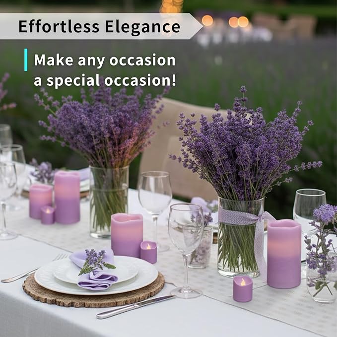 FURORA LIGHTING Purple Flameless Candles, 8-Pack Set with Remote & Timer | Includes 4 pillars and 4 votives. Creates a calming, rich purple mood glow perfect for meditation and bohemian home decor.