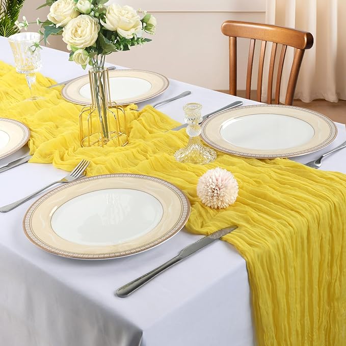 6 Pack 10FT Lemon Yellow Cheesecloth Table Runner 120 Inch Long Gauze Rustic Boho Spring Cheese Cloth Table Runner Sheer Fabric Decorations for Holiday Party Wedding Banquet Bridal Baby Shower Décor