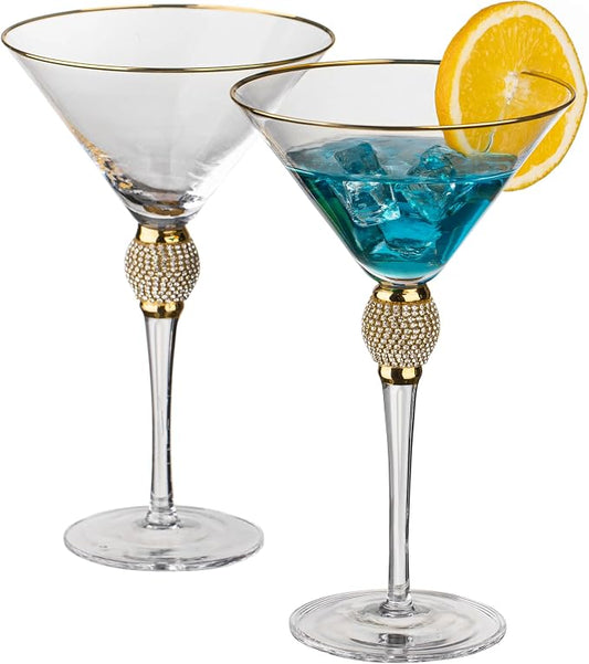 2 Piece Premium Clear Stem Crystal Martini Glasses with Gold Rim and Diamond-like Rhinestones, Elegant 10oz Glassware Set for Cosmopolitan, Vodka, Gin and Other Cocktails, Fancy Manhattan Drinkware