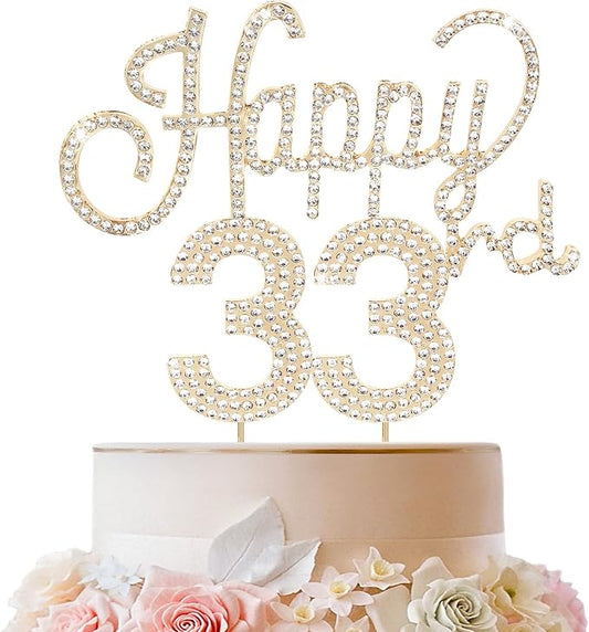 LINGTEER Happy 33rd Birthday Gold Rhinestone Cake Topper - Cheers to 33rd Birthday 33 Years Old Anniversary Party Cake Centerpieces Topper Decorations Gift Sign.