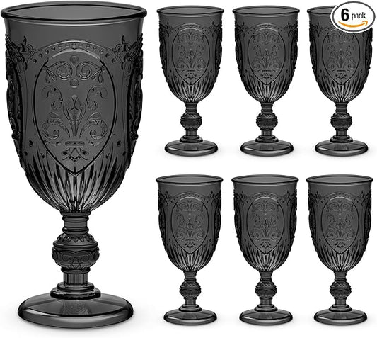 Wiwiqing 6 Pcs Plastic Goblets 7.5oz Vintage Goblet Plastic Wine Glasses Colored Retro Embossed Water Goblets for Wine Bar Juice Baby Shower Wedding Reception Grand Event Party (Black)