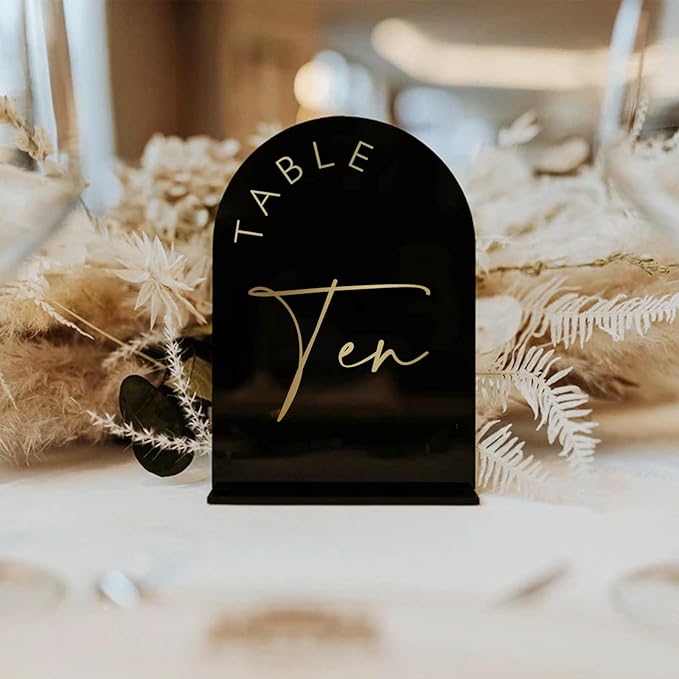 Black Arch Wedding Table Numbers 1-15 with Stands, 5x7 Inch Black Acrylic Sign with Gold Lettering, Arched Acrylic Table Numbers for Wedding Reception
