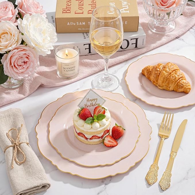 WDF 100pcs Pink Plastic Plates - High-end Baroque Design - Pink and Gold Plates - Including 50 Disposable Plate 10.25inch, 50Salad Plate 7.5inch for Wedding/Baby Shower/Spring/Birthday/Mother's Day
