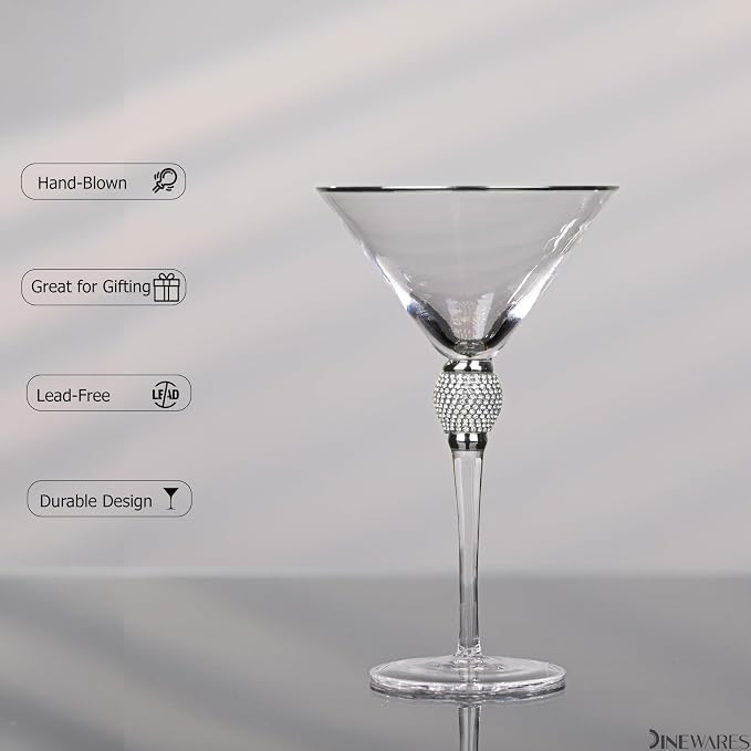 2 Piece Premium Clear Stem Crystal Martini Glasses with Silver Rim and Diamond-like Rhinestones, Elegant 10oz Glassware Set for Cosmopolitan, Vodka, Gin and Other Cocktails, Fancy Manhattan Drinkware