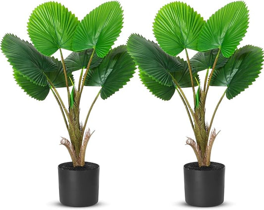 Giegxin 2 Pack Artificial Fan Palm Tree 28.35 Inch Tall Fake Tree Round Leaf Fake Palm Plant with Planter, Faux Tropical Areca Floor Plant, Artificial Silk Plants for Indoor Outdoor Home Office Decor