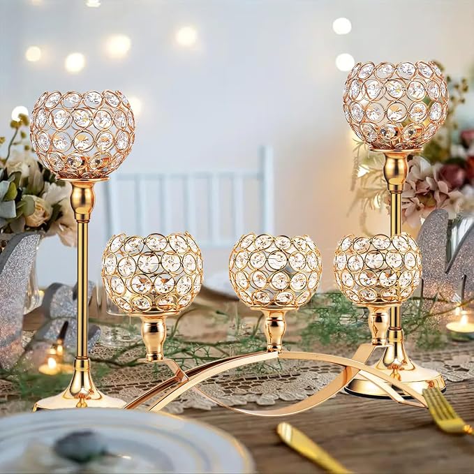 Set of 3 Gold Candle Holders Wedding Table Centerpieces,Tealight Candlestick Candelabra Stand with 3 Arms for Fireplace Home Living Room Decor,Valentine's Day Housewarming