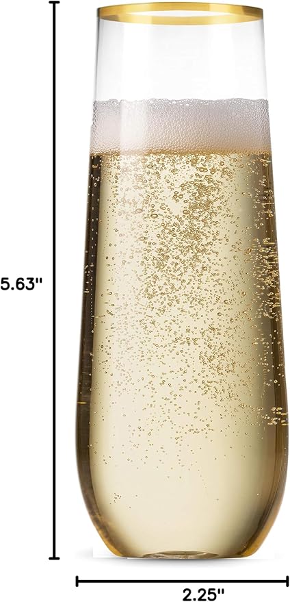 Munfix 48 Pack Stemless Plastic Champagne Flutes Disposable 9 Oz Gold Rim Clear Plastic Toasting Glasses Shatterproof Recyclable and BPA-Free