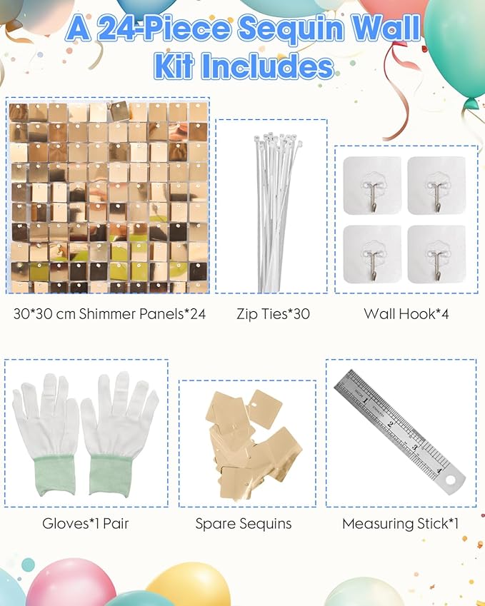 Light Gold Shimmer Wall Backdrop 24 Panels Cover 6 x 4 Ft, Photo Backdrops for Wedding,Anniversary,Birthday,Party Decoration