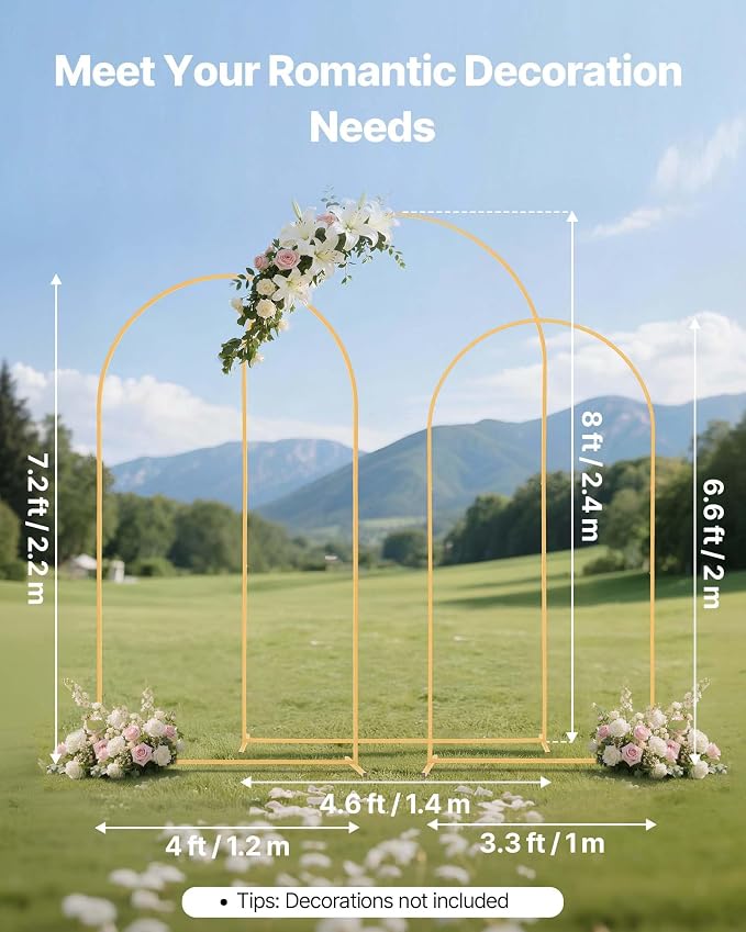 VEVOR Arch Backdrop Stand, Set of 3, 8/7.2/6.6 ft, Stable Structure, Easy Assembly, Gold Metal Arch Backdrop Stand for Wedding, Birthday Party, Graduation, Holiday Celebration, and Ceremony Decoration