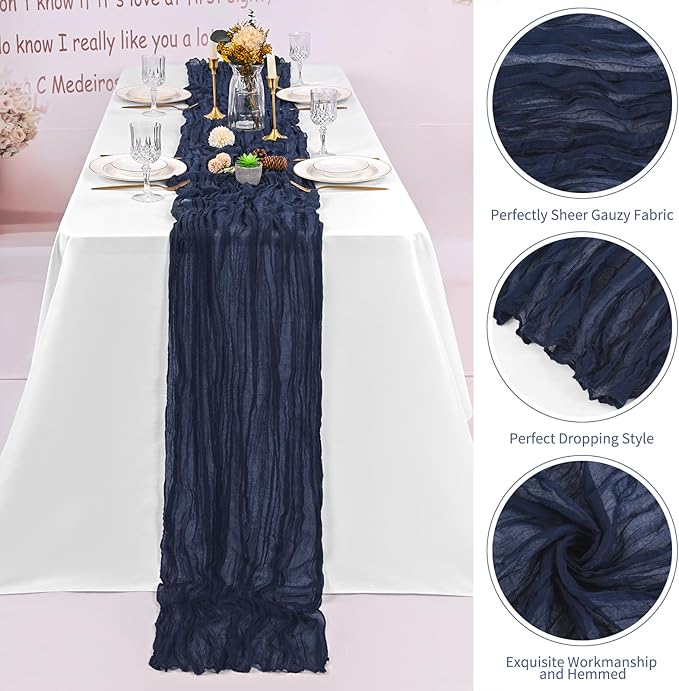 16 Pack Navy Blue Cheesecloth Table Runner 120 Inch 10FT Spring Boho Rustic Sheer Gauze Cheese Cloth Table Runner for Wedding Baby Shower Birthday Party Table Decor