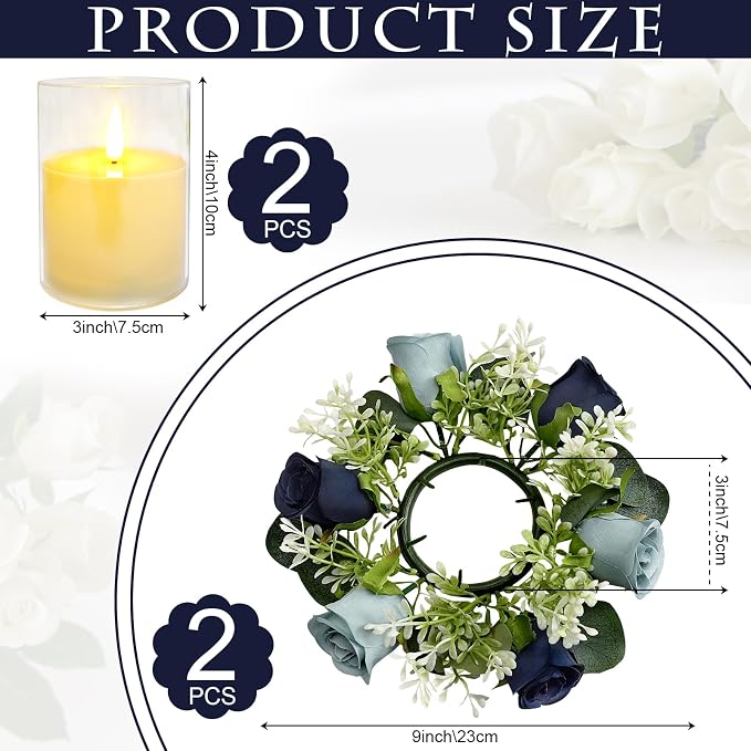 4 PCS Candle Rings Wreaths 3 Inch Center - Artificial Roses Candle Rings with LED Candles for Wedding Centerpiece Table Home Party Decor, Navy Blue, 2 Sets