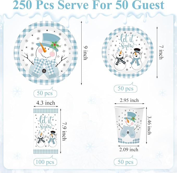 Funnymoom 250 Pcs Winter Snowman Paper Plates and Napkins Party Supplies Blue White Buffalo Plaid Winter Disposable Tableware Set for Christmas Holiday Party Decoration