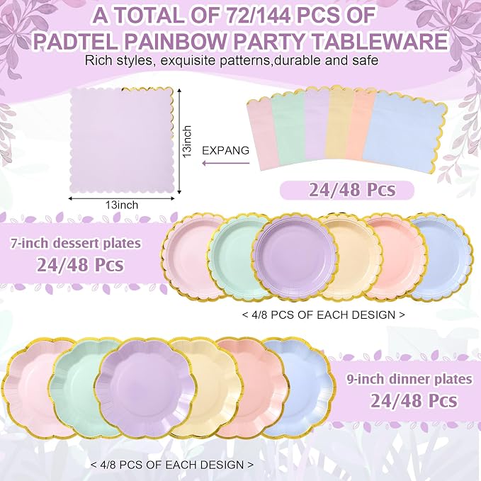 72 Pcs 24 Guests Pastel Plates and Napkins Party Supplies Pastel Scalloped Paper Plates Napkins Rainbow Disposable Tableware for Birthday Baby Shower Wedding Decorations