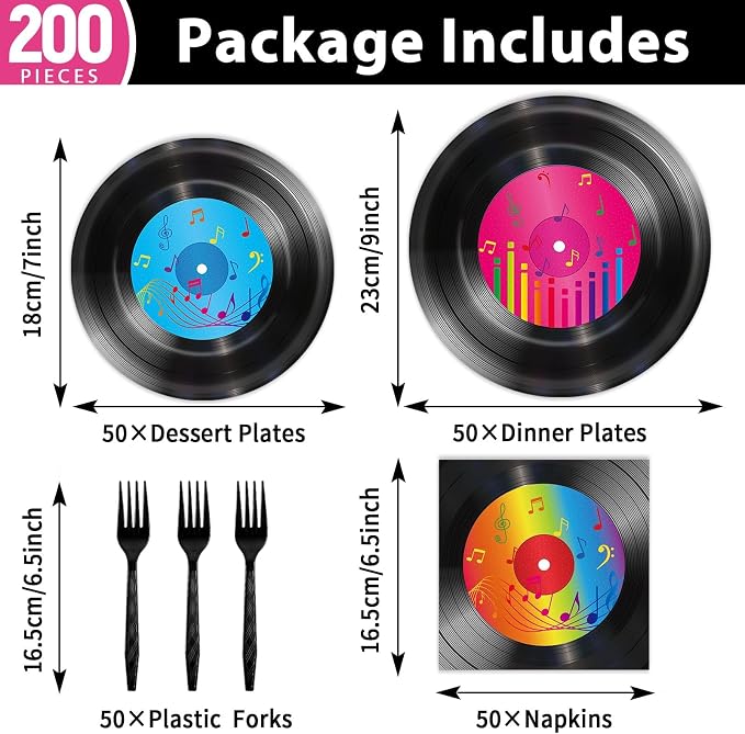 200 PCS Vinyl Record Tableware Disposable for 1950's Rock Music Party Supplies Back to 50s Rock Dinnerware Set Dessert Paper Plates Napkins Forks 50's Theme Party Retro Decorations Serve 50 guest
