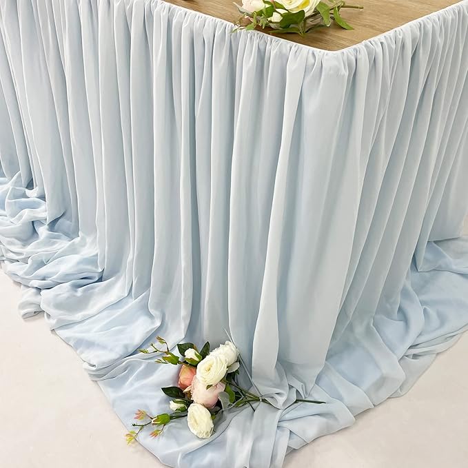 Pooling and Floating Chiffon Table Skirt with extra length, 6FT 9FT 14FT Sheer Tablecloth, Baby Shower, Birthdays Party, Main Cake Table Decoration, Wdding Table Skirt (Blue, 6FT)