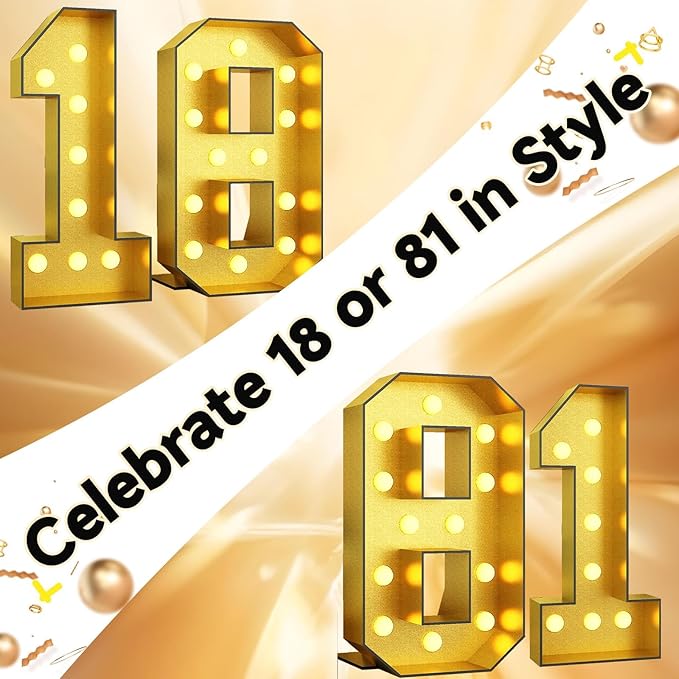 Light Up Numbers 18, 4FT Light Up Numbers 18 Marquee Gold Large Light Up Numbers Mosaic Numbers for 18th 81st Birthday, Giant Light Up Number 4 Feet DIY Frame Pre-Cut Foam Board Kit for Anniversary