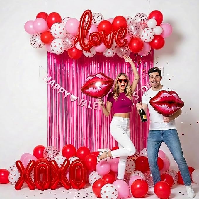 Valentines Day balloon garland arch kit with Banner red Hot pink and love lip heart XOXO balloons for Valentines galentines Day Proposal decorations Hotel Room Surprise