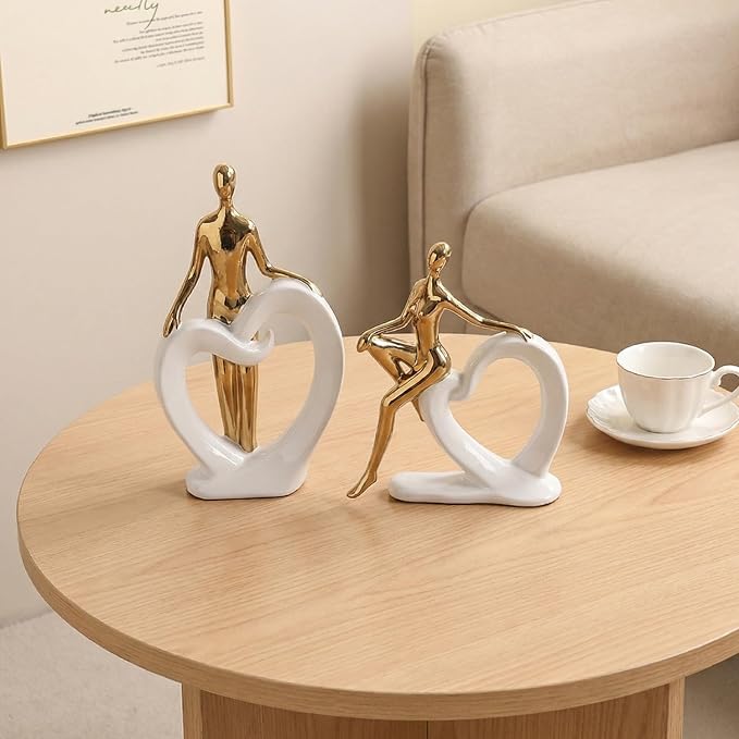 Ceramic Statues Aesthetic Abstract Couple and Heart Sculpture Modern Home Decor Decorative Statue for Living Room Bedroom Bookshelf Table Centerpiece Office (White and Gold)