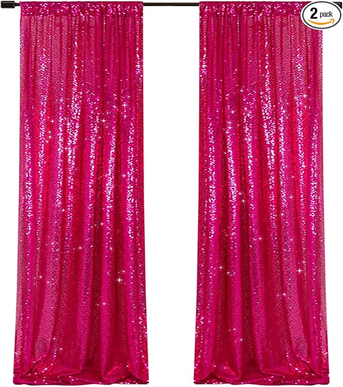 PartyDelight Hot Pink Sequin Backdrop Curtains 2x8ft 2 Panels | 3mm stitched sequin curtain with 4 inch rod pocket for 2x8ft 2 panel doorway window side drape narrow photo booth strip