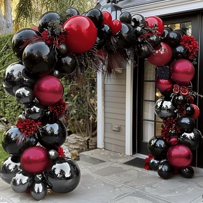 Black Red Balloons Thick Double Stuffed Black Burgundy Balloon Garland Arch Kit for Gothic Vampire Till Death Do Us Rip To Twenties Halloween Birthday Party Decorations