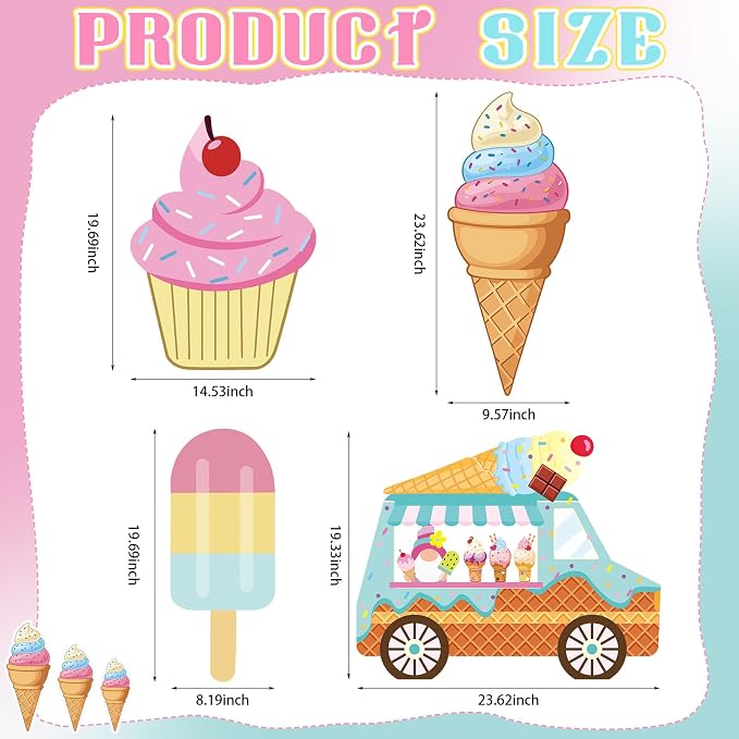 4 Pcs Large Ice Cream Bar Decoration Cardboard Cutout 26.62 Inch Ice Cream Birthday Decoration Summer Sweet Shop Signs for Baby Shower Party Booth Props Cupcake Icepop Yard Signs Backdrops