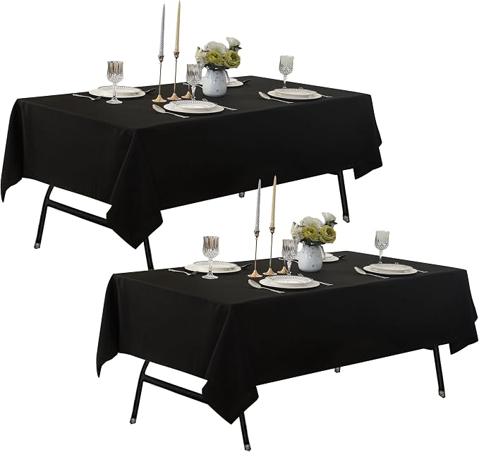 2-Pack 60x102 inch Black Table Cloths, Solid Stain and Wrinkle Resistant Oblong Tablecloth, Premium Plain Weave Polyester Fabric Rectangle Table Linen Covers for Hotel, Wedding