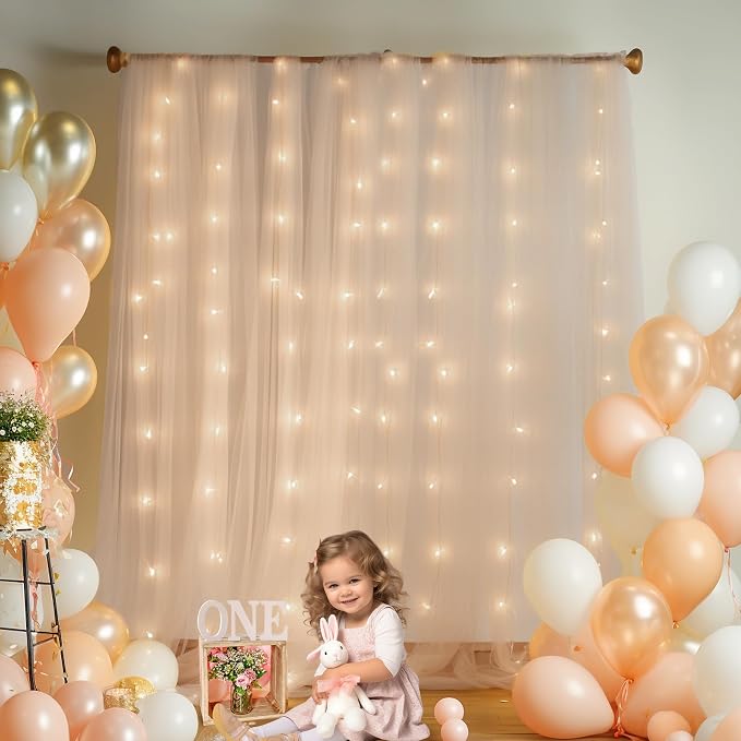 10ft x 8ft Champagne Backdrop Curtain with Lights String for Parties, Sheer Tulle Wedding Photo Backdrops Drapes for Baby Shower Birthday Party Decorations Background for Photography
