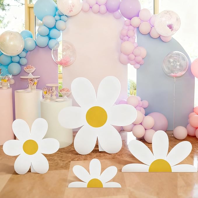 4 Pcs Large Daisy Birthday Party Decorations White Daisy Themed Cardboard Cutout Floral Baby Shower Cartoon Backdrop for Bridal Wedding Wildflower Party Supplies Photo Booth Props Gift Favor