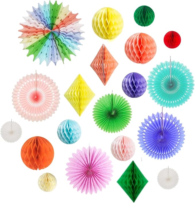 20Pcs Multi-Color Pastel Rainbow Paper Honeycomb Balls Fans Decoration Kit for Colorful Ceiling Decor Candy Birthday Party Baby Bridal Shower Wall Room Backdrop Decor Wedding Party Supplies
