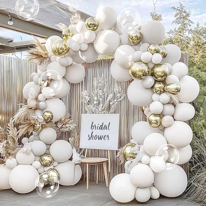 Double Stuffed White Balloon Arch with Clear Bobo, Double Stuffed Light Grey Different White Gold Balloon Garland Kit for Bridal Wedding Engagement Birthday Christmas Valentines Party Decoration