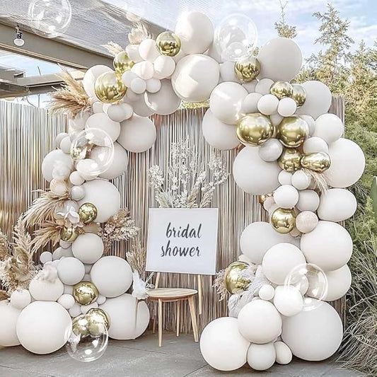 Double Stuffed White Balloon Arch with Clear Bobo, Double Stuffed Light Grey Different White Gold Balloon Garland Kit for Bridal Wedding Engagement Birthday Christmas Valentines Party Decoration
