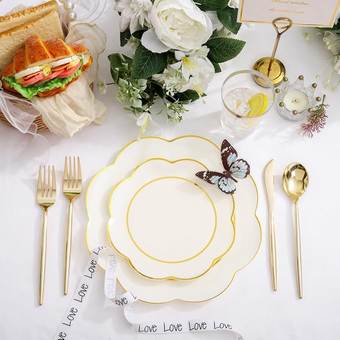 ejonirinjonir EI 180pcs Beige Plastic Plates with Gold Plastic Silverware,Heavy-Duty Disposable Plates for Party,White Dinnerware Set for 30 Guest Wedding,Afternoon Tea,Spring,Valentine's Day,Easter