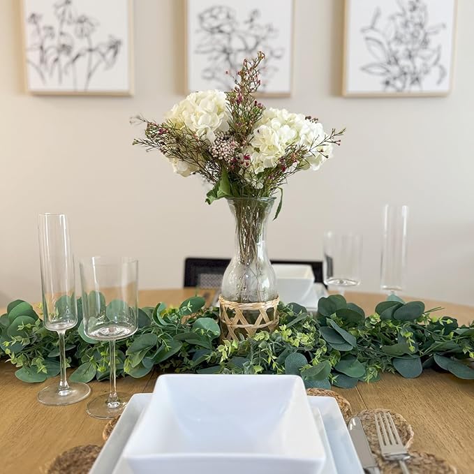 CQURE 6Pcs Eucalyptus Garland,Artificial Eucalyptus Leaves Table Greenery Garland Wreath Vines for Wedding Party Table Bedroom Wall Decor