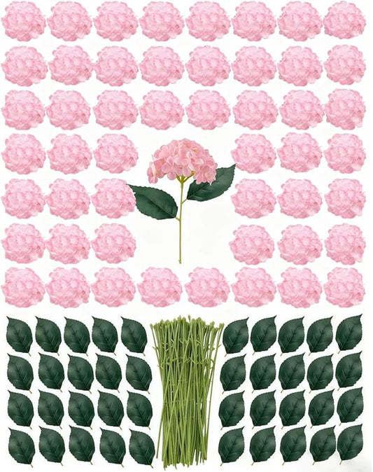 50 Pack Artificial Pink Hydrangea Flowers with Leaves, 6 Inch Silk Flower Heads, DIY Mother's Day Wedding Decor Set with 100 Leaves, 50 Stems