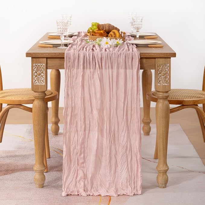 MLMC Pink Table Runner Boho Cheesecloth Table Runner 10ft Rustic Dusty Pink Gauze Cheese Cloth Centerpiece Decor 35x120 Inches for Mothers' Day Wedding Bridal Shower Birthday Party
