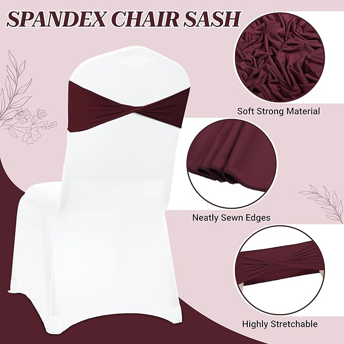 MDS Pack of 25 Spandex Chair Sashes Bows Elastic Stretch Dining Chair Bands Ties Without Slider Buckle Universal fits for Wedding Baby Shower Birthday Party Banquet Event Decoration - Burgundy