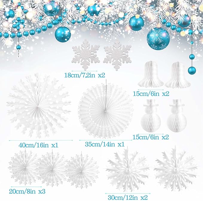 PAPER JAZZ 13 PCS Christmas Snowflake Decorations,White Paper Snowflake Hanging Ornaments,Christmas Honeycomb Decorations with Paper Fan/Garland/Snowman for Ceiling/Wall,Winter Wonderland,Winter Decor
