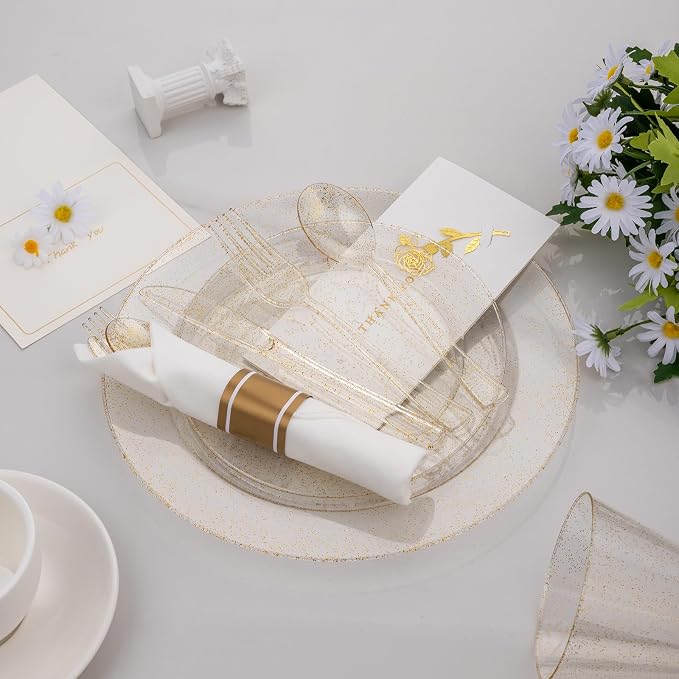 realluck 350 Piece Gold Glitter Plastic Dinnerware Set for 50 Guests, Disposable Plates for Party, Include: 50 Dinner Plates, 50 Dessert Plates, 50 Rolled Napkins with Silverware, 50 Cups