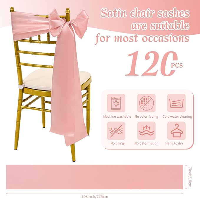 120 PCS Rose Gold Satin Chair Sashes, Ties Bows Designed Sashes for Washable Reusable Chair Covers Supplies for Wedding Reception Events Banquets Party Hotel Event Aisle Decorations (7 x 108 inch)