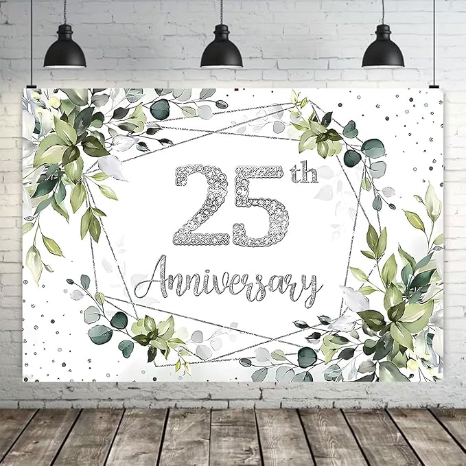 Silver Wedding 25th Anniversary Decorations Backdrop Watercolor Eucalyptus Leaves Sparkling Diamond 25th Background Couple Wedding Engagement Banner (A, 6X4FT)