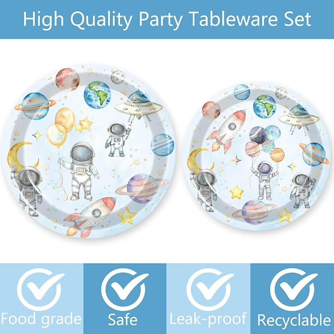 124pcs Outer Space Birthday Party Supplies Decorations - Space Astronaut Party Plates Napkins Cups Forks Table Cloths Banner Hanging Swirls for Boys 1st 2nd 3rd 4th 5th 6th Birthday Decorations