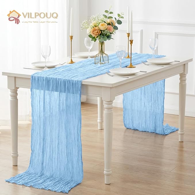6 Pack Light Blue Cheesecloth Table Runner 21x120 Inches, Boho Gauze Rustic Semi Sheer Cheese Cloth Table Runners for Easter Wedding Bridal Baby Shower, Birthday Party, Long Farmhouse Table Decor