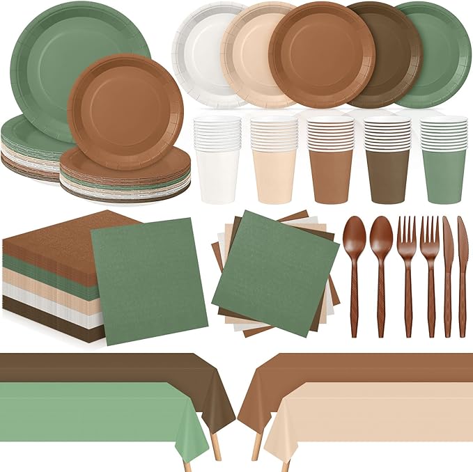 Mimorou 354 Pcs Woodland Plates and Napkins Set Serves 50 Guests Gradient Green and Brown Tablecloth Plates Cup and Napkins Tableware for Forest Animal Birthday Wedding Baby Shower Party Supplies