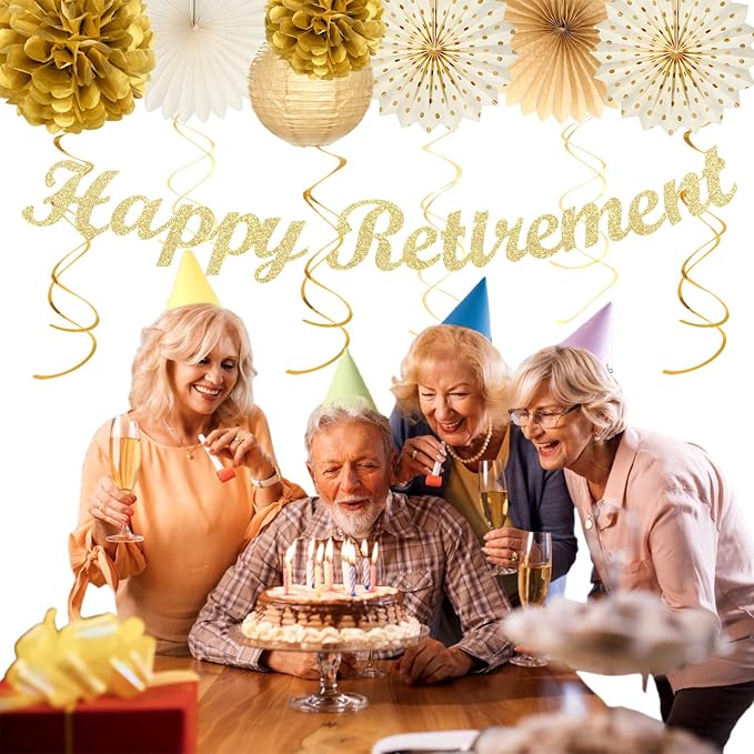 Beige-Gold Happy Retirement Party Decorations Banner Women Men Huglony | 21pcs Retiree Farewell Banner,Streamers,Paper Lanterns,Pom Poms Fans,Work Teacher Retirement Supplies Backdrop Favors